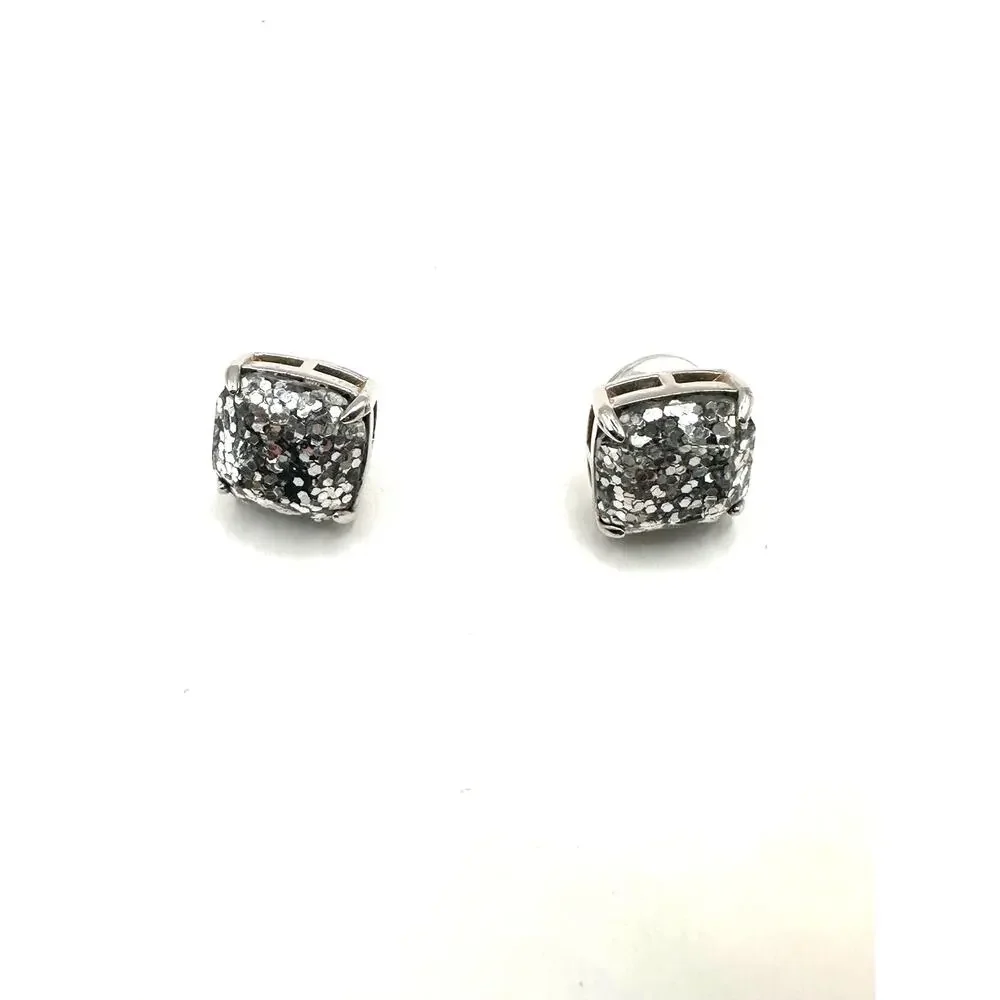 Kate Spade Silver Glitter Stud Earring Square Preppy Designer Summer Jewelry